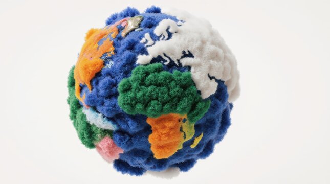 Fluffy Handcraft Earth Globe 3D Render Soft Textile Continents Blue Ocean White Background Horizontal