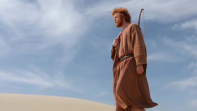 Biblical scene story,  of Esau, Jacob's eldest son hunting in an open field, and a clear blue sky.