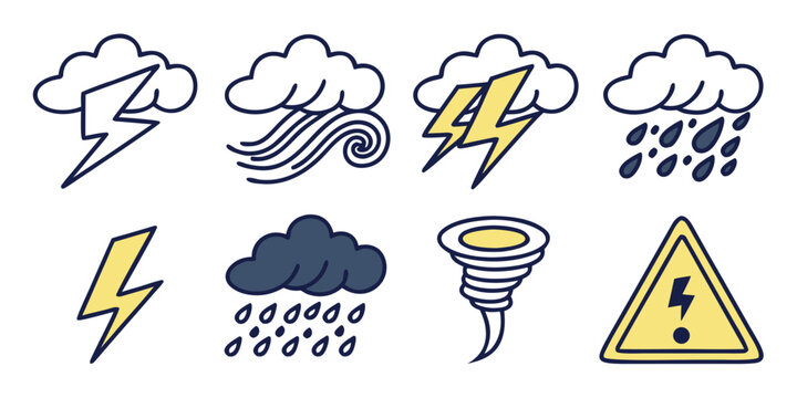weather icons including lightning, clouds, rain, and a tornado warning sign Vector