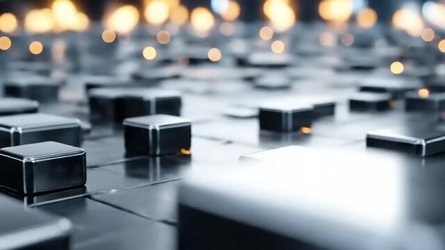 An abstract, shiny, metallic landscape of square blocks with bokeh lighting