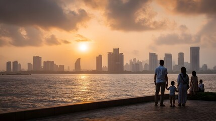 Family enjoys a serene sunset over a vibrant city skyline from a waterfront promenade