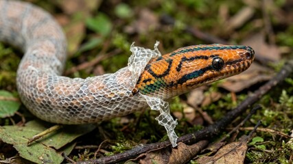 Obraz premium Macro photograph of a colorful orange and green snake shedding its old skin (ecdysis) while crawling through forest leaves and twigs.