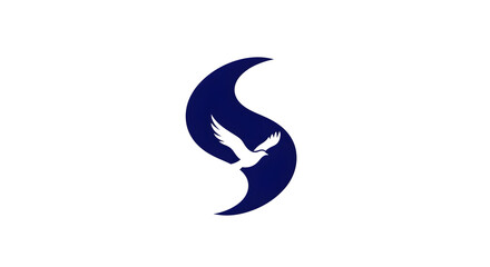 Obraz premium A stylized logo featuring a white bird in flight within a dark blue crescent shape on a clean white background.