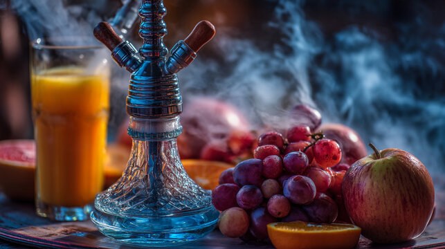 A hookah surrounded by fruit and a glass of juice on a table