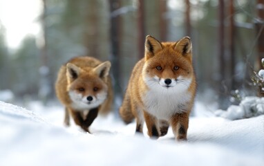 Fototapeta premium Red Foxes Competing in Motion Through a Snowy Forest in Winter Landscape