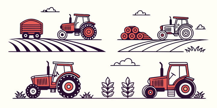 tractors and farming equipment in a field Vector