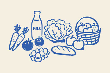 Farm market food set outline sketch vector illustration