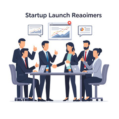 Startup Launch Readiness Meeting: Diverse Team Collaborates on Business Growth Strategies Around a Table with Digital Displays.