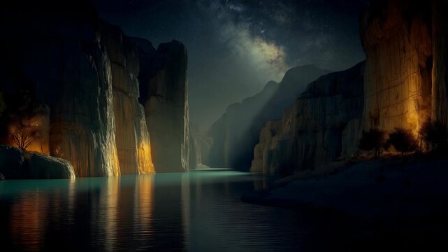 dramatic scenery, beautiful peaceful calm night at cliff valley river 