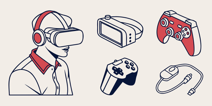 man wearing virtual reality headset with gaming controllers Vector