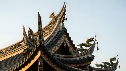 Fototapeta premium Chinese temple roof detail with dragons and bells in ornate architecture style