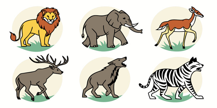 a set of cartoon animals including a lion elephant deer moose rhino and zebra Vector