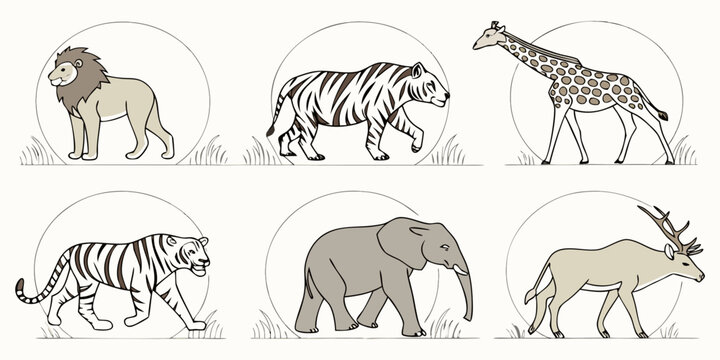 a group of wild animals walking in different directions Vector