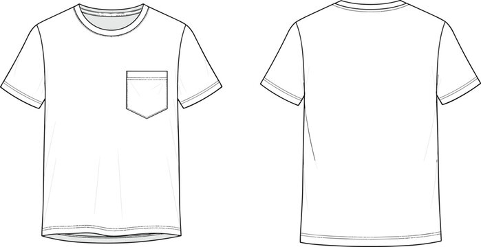 Technical fashion illustration of short-sleeve crewneck t-shirt with chest pocket, visible stitching details, plain back view, garment construction drawing