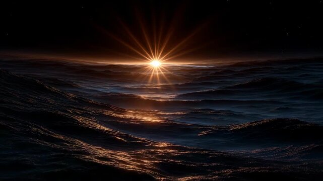 Sunburst rays breaking at the horizon over a rough black ocean at twilight. Dramatic light contrasts with dark waves, creating a powerful moody seascape filled with energy and atmospheric depth.