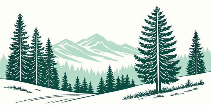 a snowy landscape with pine trees and mountains Vector