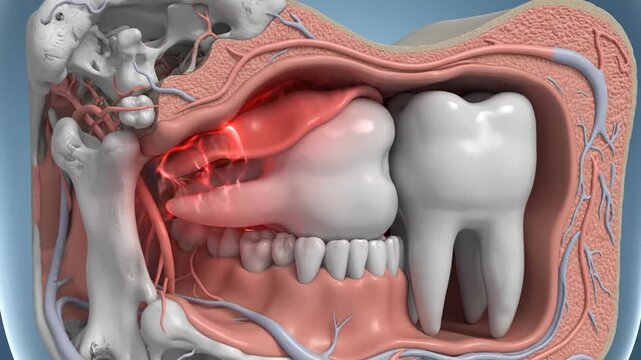 A 3D dental illustration of a human jaw with a red highlighted impacted wisdom tooth causing pain, shown in a medical context