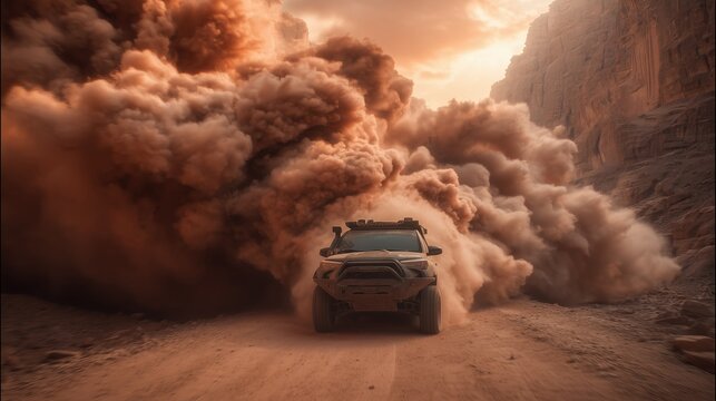 Futuristic off road rally truck drifting through desert canyon as massive rockfall crashes down behind at sunset