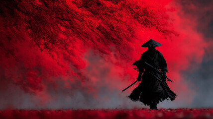Fototapeta premium Samurai walks beneath trees with intensely red leaves, creating a dramatic contrast between his dark silhouette and the landscape.