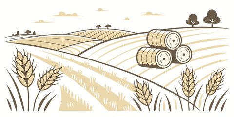 a field with hay bales and wheat plants Vector © Akshay