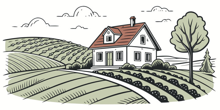 a white house with a red roof on a hill Vector