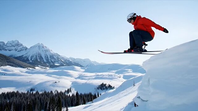 Skier in orange jacket jumping off a snowy slope with mountains