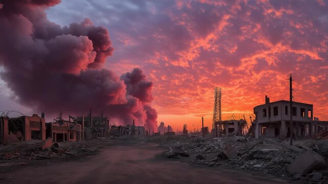 Dust and smoke slowly rising from a damaged building after a bombing in a war zone. Dramatic scene symbolizing destruction, conflict aftermath, and devastation in an urban battlefield.