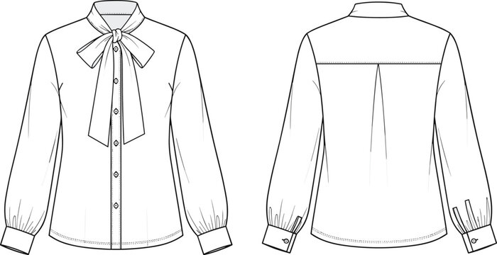 Technical fashion illustration of women&rsquo;s blouse with bow tie collar, button-down front, long sleeves, gathered cuffs, yoke pleat back design