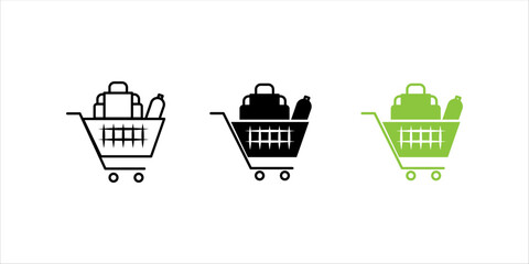Line icon set. of shopping cart filled with groceries and products representing retail shopping, supermarket purchase, and ecommerce grocery delivery. © bang