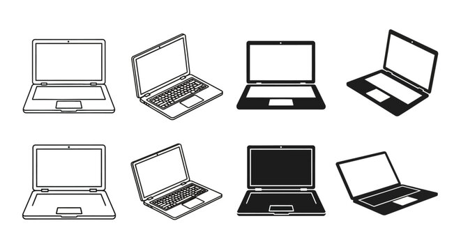 Collection of modern laptop computer icons in various perspectives and styles, showcasing digital device versatility