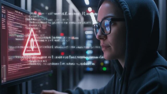 A hooded figure in a server room views a computer screen displaying a warning sign