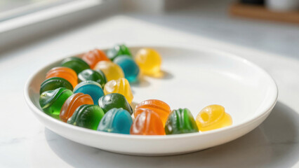 Colorful, bite-sized green gummies arranged on a white plate. They appear to be a healthy, vibrant supplement. Depth of view and stylish presentation are evident.