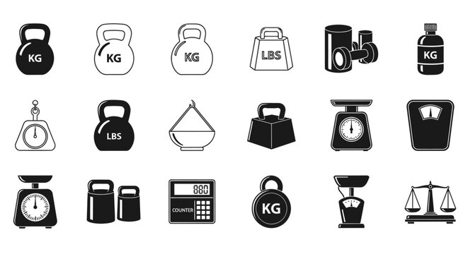 Diverse collection of monochrome vector icons illustrating various weighing scales, balance tools, and measurement weights for design projects and applications