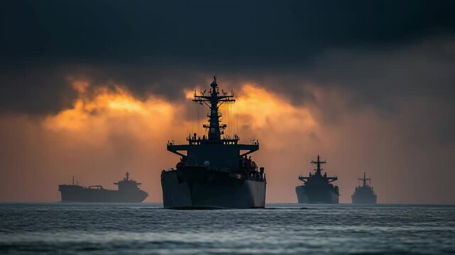 Fleet of naval warships sailing through stormy ocean waters under dark clouds. Dramatic military maritime scene symbolizing naval power, defense operations, and strategic presence at sea.