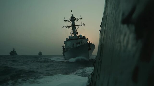 Fleet of naval warships sailing through stormy ocean waters under dark clouds. Dramatic military maritime scene symbolizing naval power, defense operations, and strategic presence at sea.