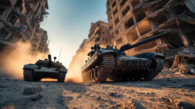 Military tanks positioned in a devastated urban city with heavily damaged buildings. Dramatic war scene showing armored forces moving through ruined streets after intense conflict.