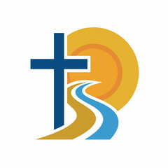 Obraz premium A beautifully constructed cross with a winding path and a rising sun signifies hope, spiritual journey, and a guiding light, ideal for faith-based organizations and communities.