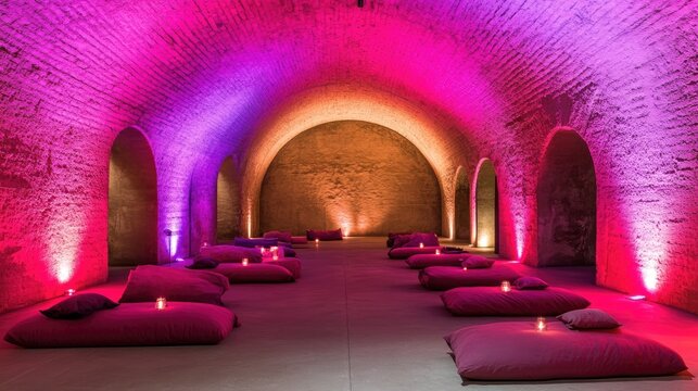 Tranquil Arched Brick Vault with Magenta Cushions, Ambient Pink-Purple Lighting & Candles