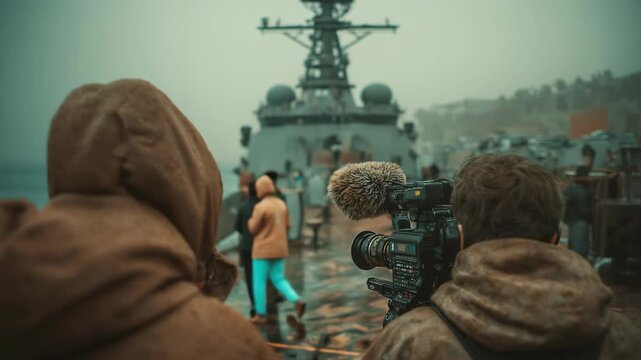 News reporter filming a documentary beside a naval warship, capturing military maritime activity for television coverage. Journalism scene showing media reporting and defense news production.