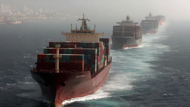 Cargo ship sailing through a narrow strait loaded with containers. Global maritime trade and logistics concept showing international shipping, transportation, and supply chain movement.