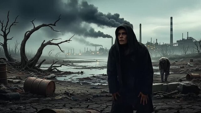 polluted industrial wasteland with smokestacks and dead trees at dusk