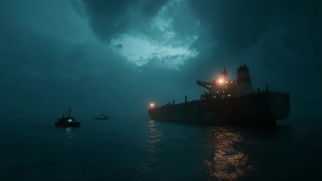 Giant oil tanker halted at sea by naval forces beneath dark storm clouds. Dramatic scene symbolizing global oil crisis, maritime control, and geopolitical tension affecting energy supply routes.