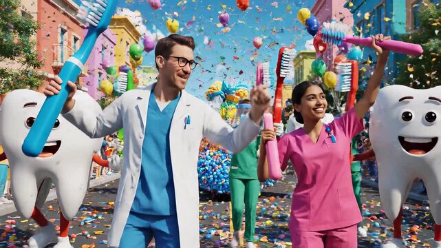 Doctors and tooth mascots celebrate in a colorful parade with confetti and giant toothbrushes. Great for dental health promotion and clinic advertising