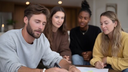 Fototapeta premium Diverse group of young adults collaborating and discussing a project around a table indoors