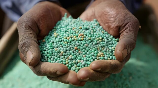 Close up of farmer hands holding fertilizer granules in palms, symbolizing agriculture, crop nutrition, soil enrichment, and farming productivity in modern agricultural practice.
