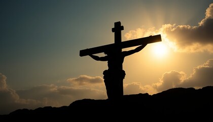 A silhouette of Jesus Christ on the cross during a beautiful sunset