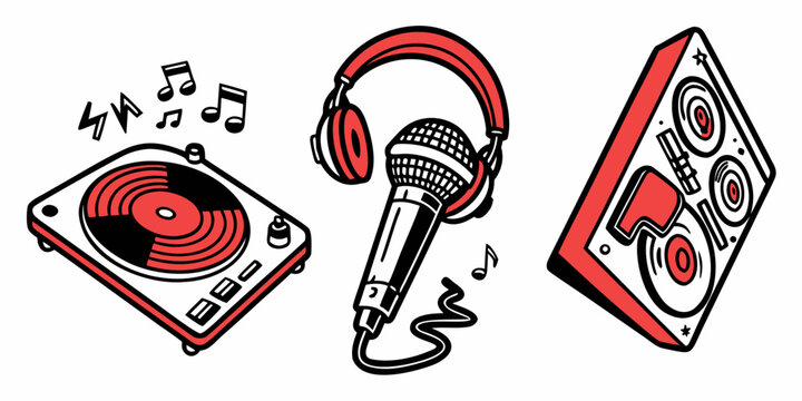 a dj setup with a turntable, headphones and a speaker Vector