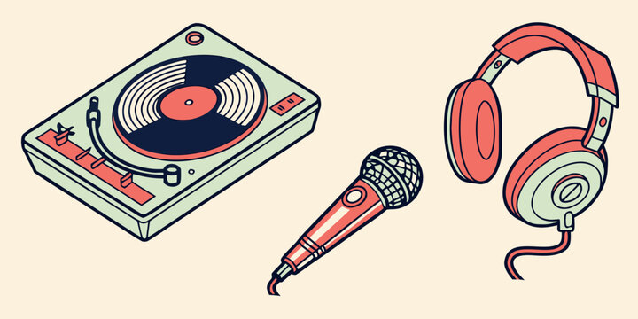 a dj setup with turntable microphone and headphones Vector