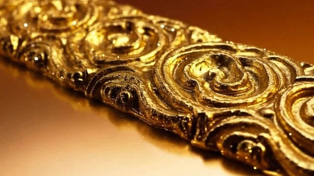 Golden ornate metal decorative border strip with swirling patterns on a reflective surface with warm lighting