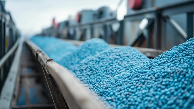 Close up of blue fertilizer granules moving along an industrial conveyor belt in a factory, representing agricultural production, chemical processing, and large scale fertilizer manufacturing.